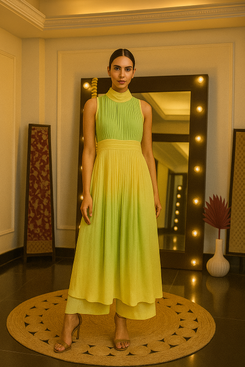 Lemon Ombre Pleated Georgette Gown dress