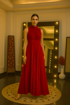 Marsala Pleated Bow-Back Dress with Slit