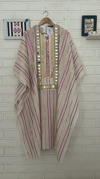 Gold & Pink Striped Kaftan with Elongated Mirror Neckline