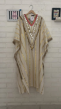 Ivory & Gold Striped Cotton Kaftan with Mirrored Neckline