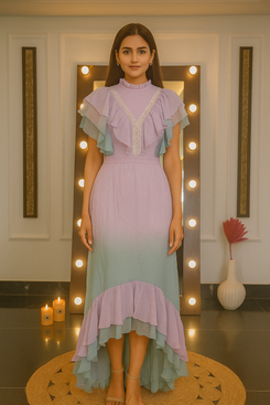 Baby Pink & Grey Ombre Ruffle High-Low Dress