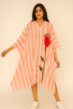 Orange & White Striped Georgette Kaftan with Tulip Appliqué