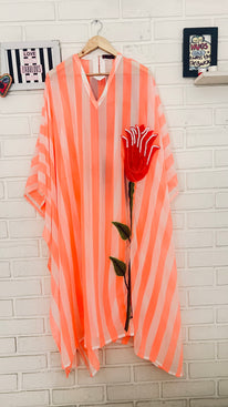 Orange & White Striped Georgette Kaftan with Tulip Appliqué