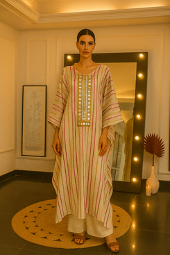 Gold & Pink Striped Kaftan with Elongated Mirror Neckline